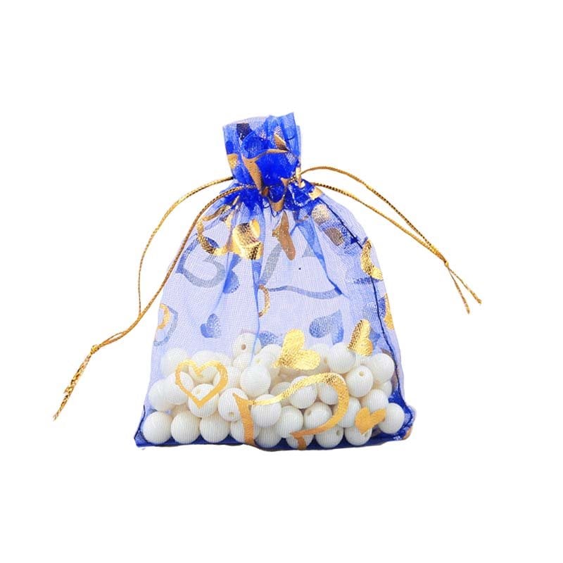 Picture of Royal Blue Organza Bags Printed with Hearts