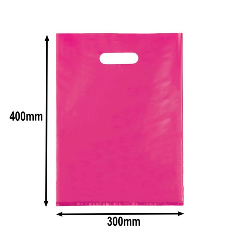 100pcs Large Hot Pink Plastic Carry Bags with Die Cut Handles 300x400mm | Sku Name